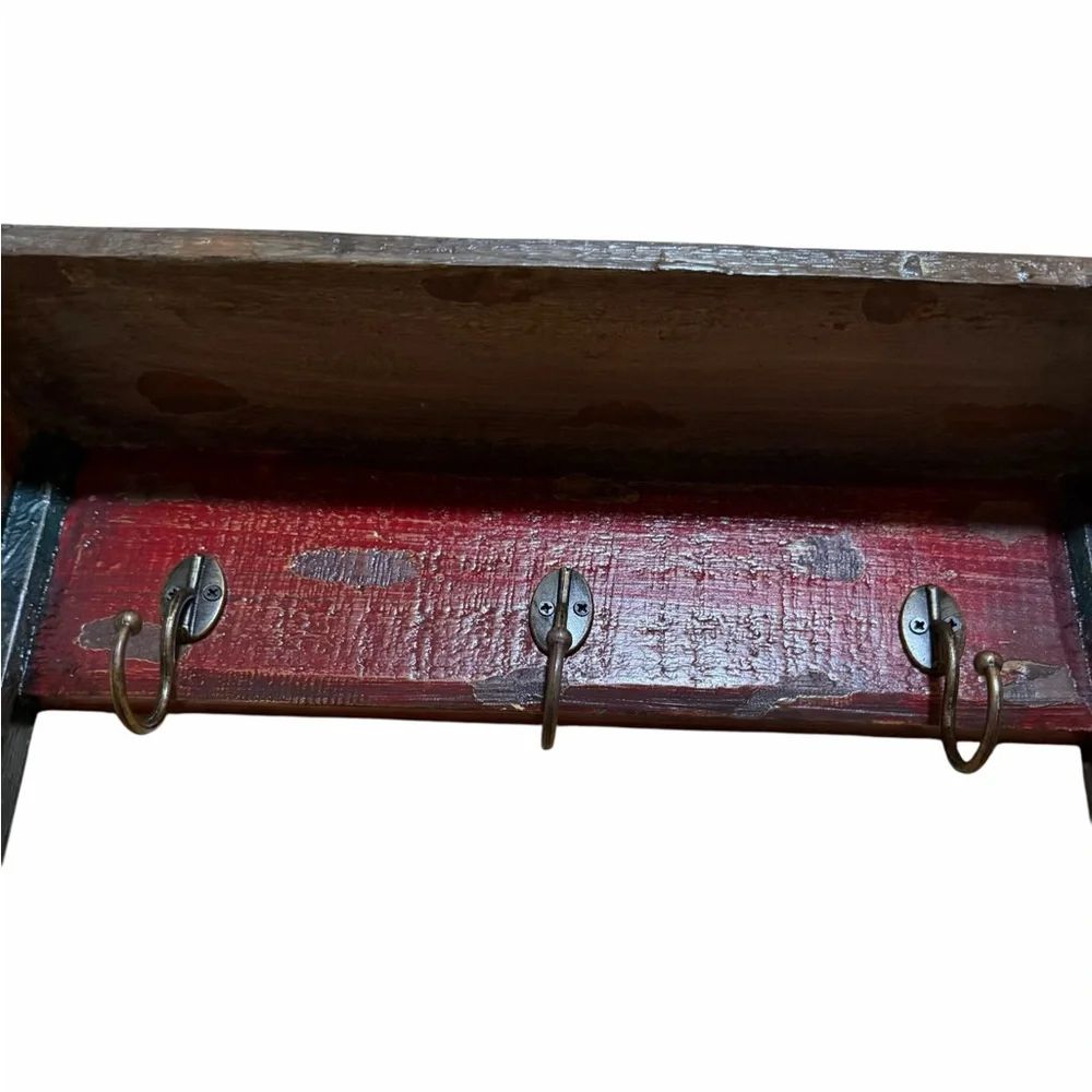 Cottagecore Rustic Distressed Red and Green Wall Shelf with Coat Hooks